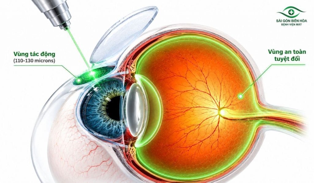 Công nghệ Femtosecond Laser tạo vạt giác mạc chính xác đến từng micron, giúp bảo tồn tối đa cấu trúc mắt và tăng độ an toàn trong phẫu thuật.