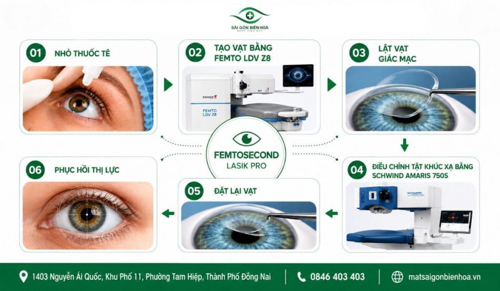 Quy trình 6 bước phẫu thuật LASIK xóa cận thị tại Bệnh viện Mắt Sài Gòn Biên Hòa