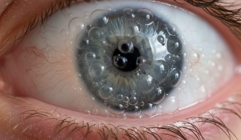 Lòng trắng mắt bị phồng rộp khiến mắt ngứa, cộm và mờ tạm thời