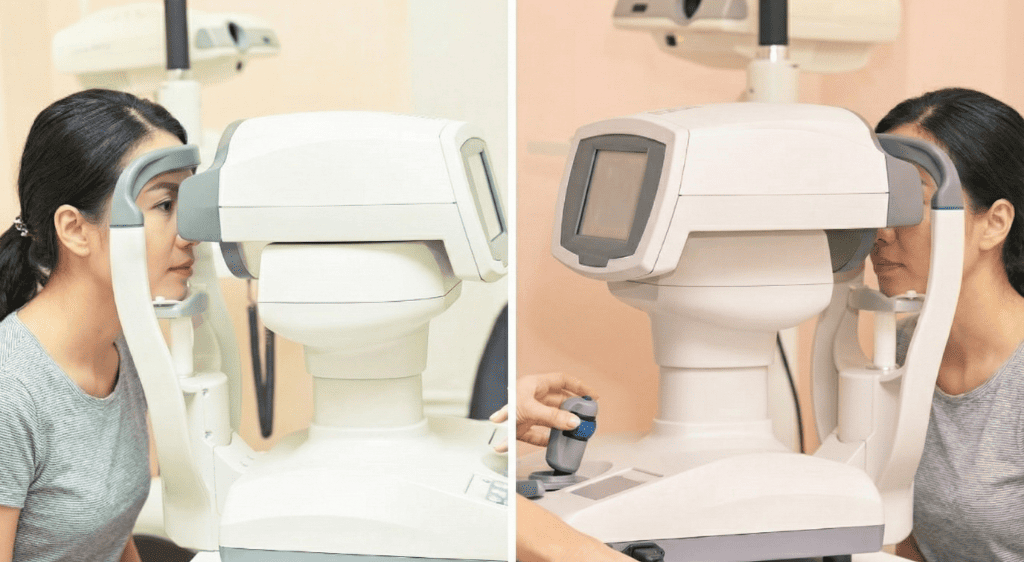 Người bệnh được hướng dẫn ngồi trước máy chụp OCT, đặt cằm và trán cố định trên giá đỡ để giữ tư thế ổn định