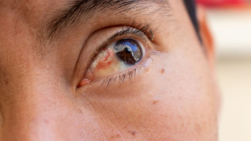 Viêm kết mạc là tình trạng vỡ các mạch máu nhỏ trên nhãn cầu, tạo mảng đỏ tươi trên lòng trắng