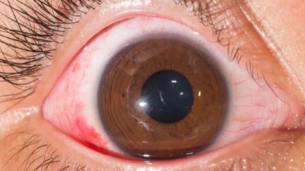 Vỡ mạch máu mắt là hiện tượng mảng đỏ rõ rệt trên lòng trắng, có ranh giới rõ ràng