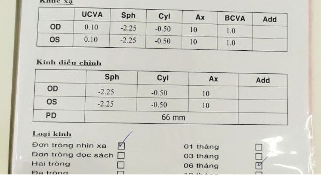 Hình ảnh phiếu kết quả chi tiết của người bệnh khi khám mắt