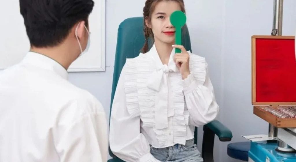 Kiểm tra thị lực bằng cách che mắt trái để đo mắt phải trước, sau đó đổi bên