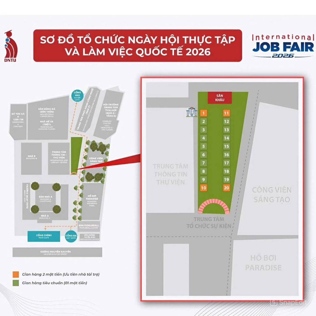 Sơ đồ vị trí gian hàng A1 của Bệnh viện Mắt Sài Gòn Biên Hòa tại Ngày hội thực tập và việc làm quốc tế 2026