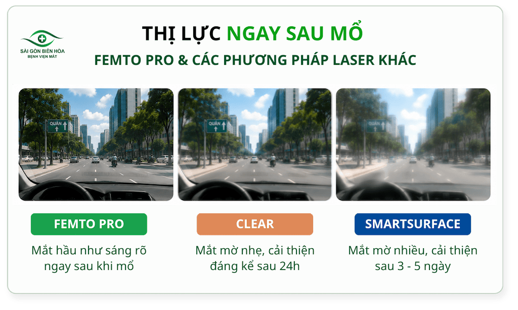 Thị lực sau mổ của Femto Pro so với các phương pháp khác