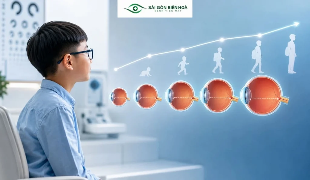 Cận thị có thể tiếp tục tiến triển khi mắt trẻ còn phát triển, đặc biệt ở trẻ khởi phát cận sớm.