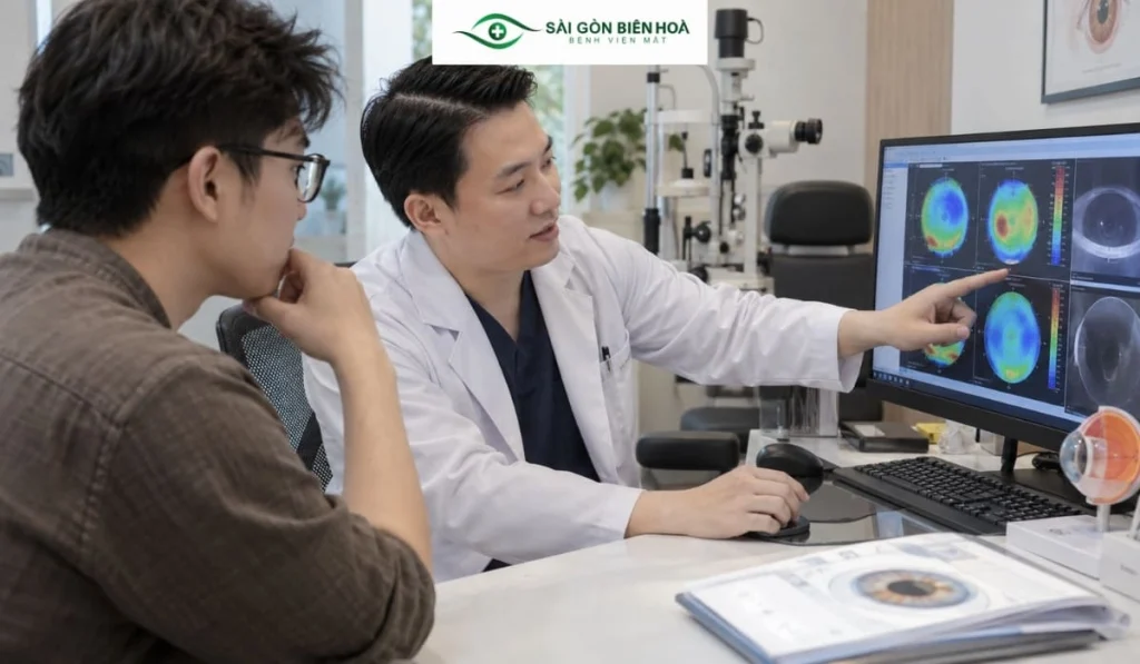 Bác sĩ kiểm tra giác mạc và các thông số mắt trước khi xác định người bệnh có phù hợp để phẫu thuật hay không