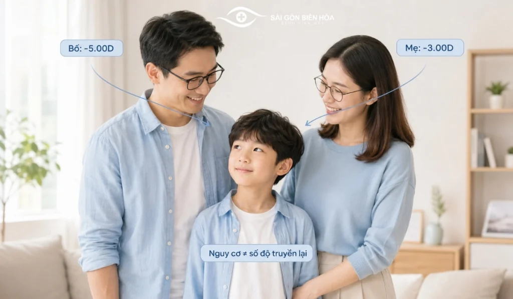 Cha mẹ bị cận làm tăng nguy cơ cận thị ở trẻ, nhưng không quyết định số độ cận của con.