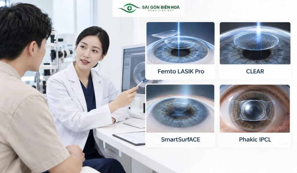 Femtosecond LASIK Pro, CLEAR, SmartSurfACE và Phakic IPCL là những phương pháp có thể được cân nhắc tùy đặc điểm mắt của từng người.