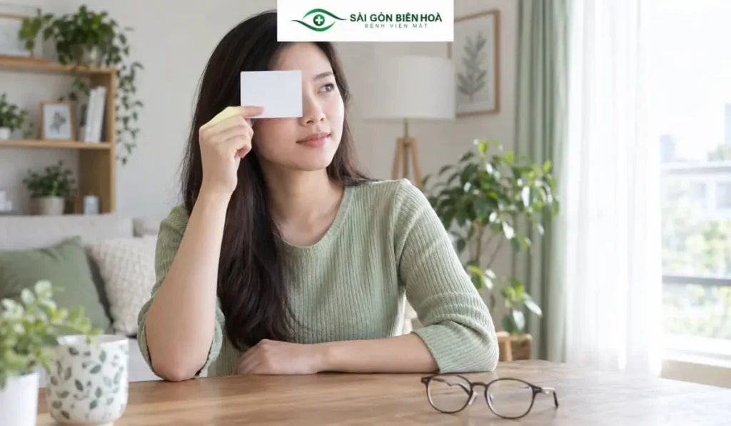 Hai mắt cận lệch có thể nhìn rõ không đều khi quan sát từng mắt.