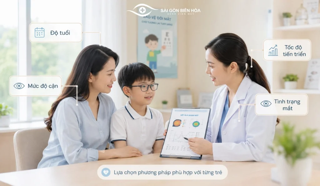 Kiểm soát cận thị cần được cá thể hóa theo độ tuổi, mức độ tiến triển và tình trạng mắt của từng trẻ.