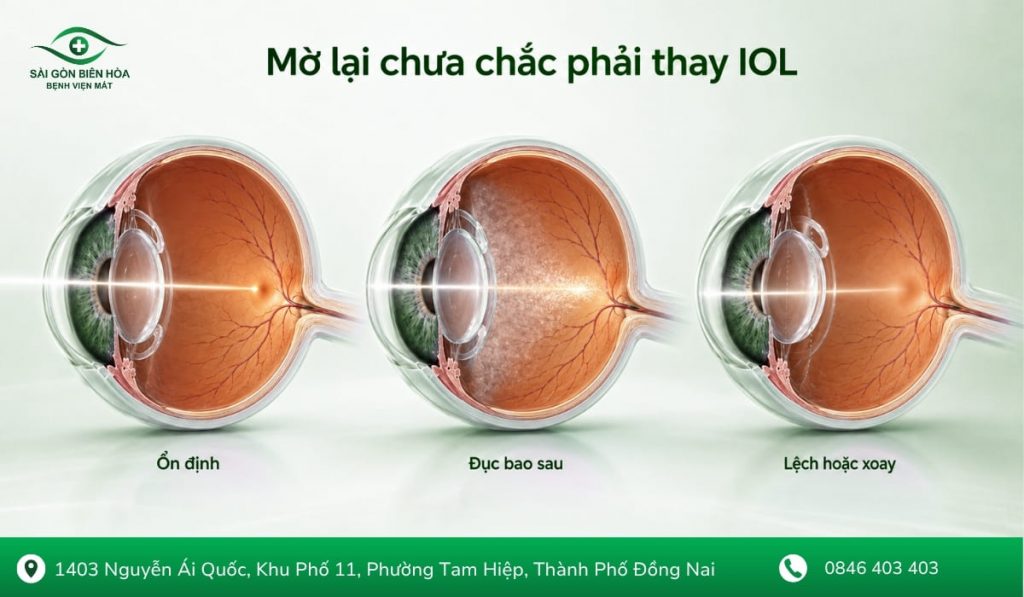 Mắt mờ lại sau nhiều năm không nhất thiết do IOL hết hạn; cần kiểm tra bao sau, giác mạc, võng mạc, khúc xạ và vị trí IOL.