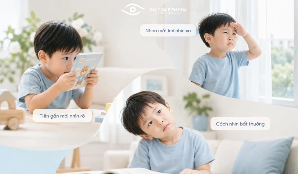 Một số dấu hiệu như tiến gần mới nhìn rõ, nheo mắt khi nhìn xa hoặc cách nhìn bất thường có thể gợi ý trẻ đang gặp vấn đề về thị lực.