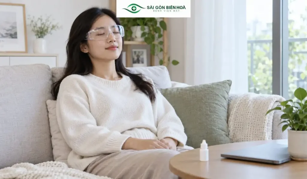 Nghỉ ngơi và bảo vệ mắt theo hướng dẫn sau phẫu thuật.