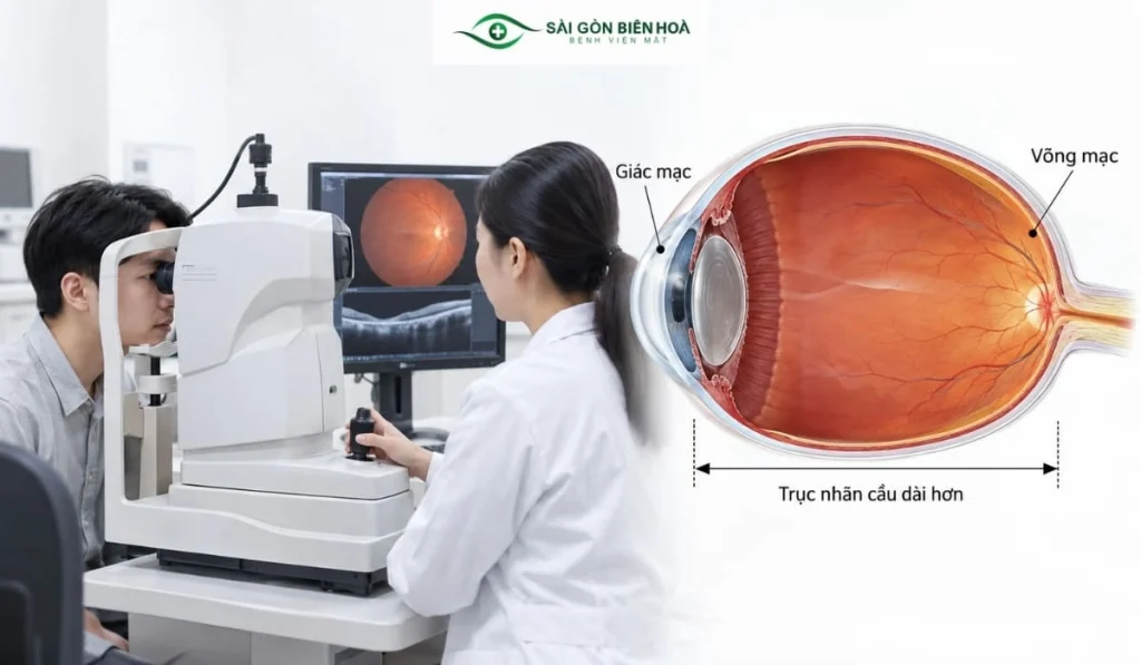 Ở người cận thị cao, nhãn cầu có thể dài hơn và cần được kiểm tra võng mạc kỹ trước khi lựa chọn phương pháp phẫu thuật.