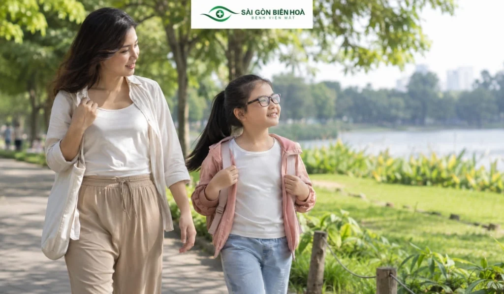 Trẻ bị cận từ sớm cần đeo kính đúng độ, tái khám và theo dõi tiến triển cận thị theo hướng dẫn.