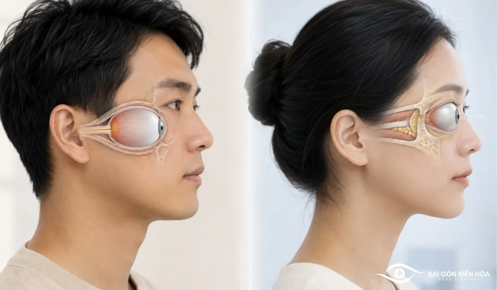 Cận thị trục làm nhãn cầu dài hơn, trong khi lồi mắt bệnh lý là tình trạng nhãn cầu bị đẩy ra trước.