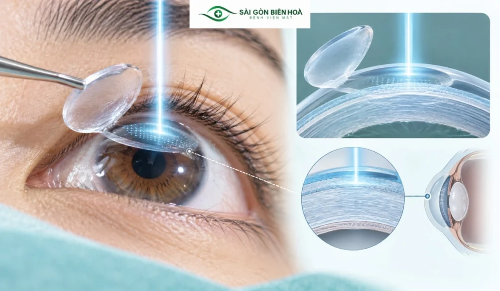 Minh họa vạt giác mạc và vùng nhu mô được tái định hình bằng laser trong quy trình Femto LASIK.