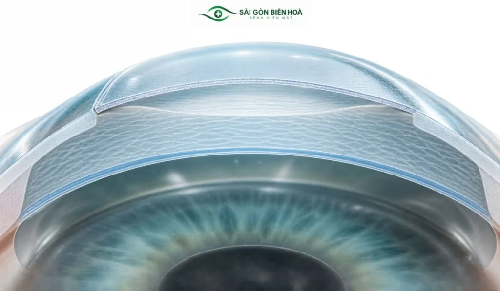 Mô phỏng vạt giác mạc và phần mô nền sau phẫu thuật LASIK lần đầu.