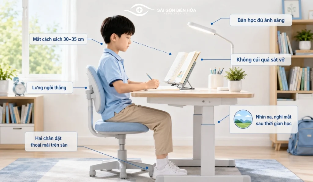 Ngồi đúng tư thế, giữ mắt cách sách 30–35 cm và học nơi đủ sáng giúp trẻ hạn chế thói quen nhìn gần không phù hợp.