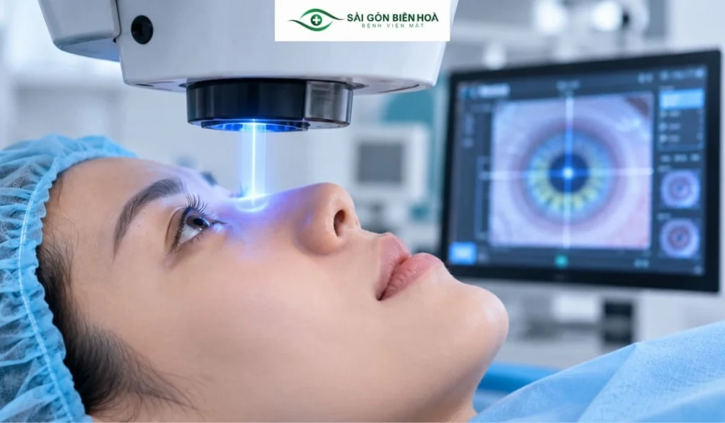 Phẫu thuật LASIK sử dụng tia laser để tái định hình giác mạc, hỗ trợ điều chỉnh tật khúc xạ theo chỉ định phù hợp.