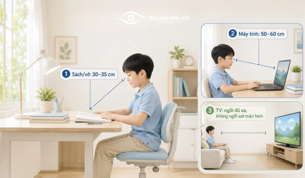 Trẻ nên giữ khoảng cách phù hợp khi đọc sách, dùng máy tính và xem TV để hỗ trợ bảo vệ thị lực.