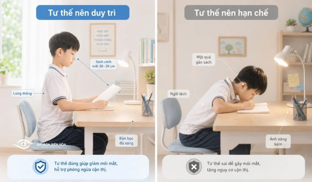 Tư thế học đúng, khoảng cách phù hợp và đủ ánh sáng giúp trẻ hạn chế mỏi mắt khi học.
