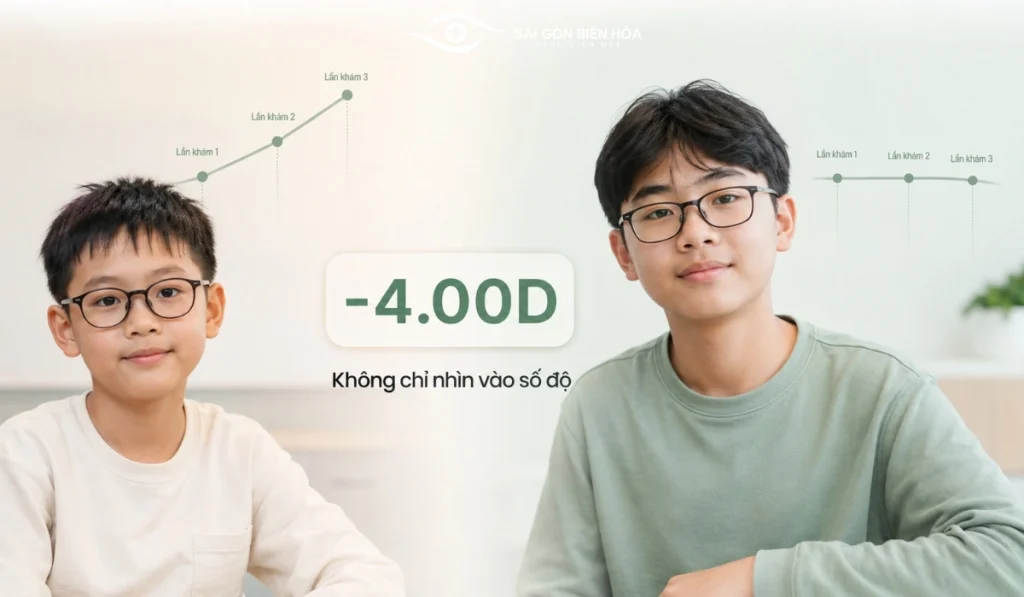 Cùng mức cận -4.00D nhưng nguy cơ tiến triển ở trẻ có thể khác nhau tùy độ tuổi và tốc độ tăng độ qua các lần khám.