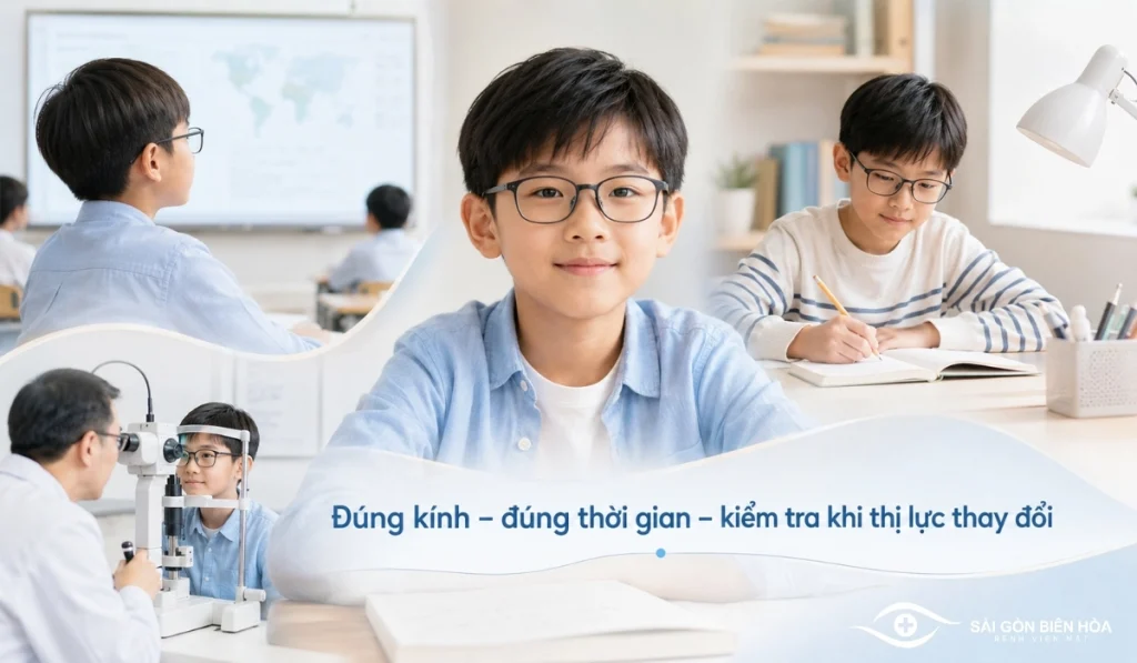 Đeo kính đúng độ, đúng thời gian và kiểm tra lại khi thị lực thay đổi giúp trẻ sử dụng kính phù hợp hơn.