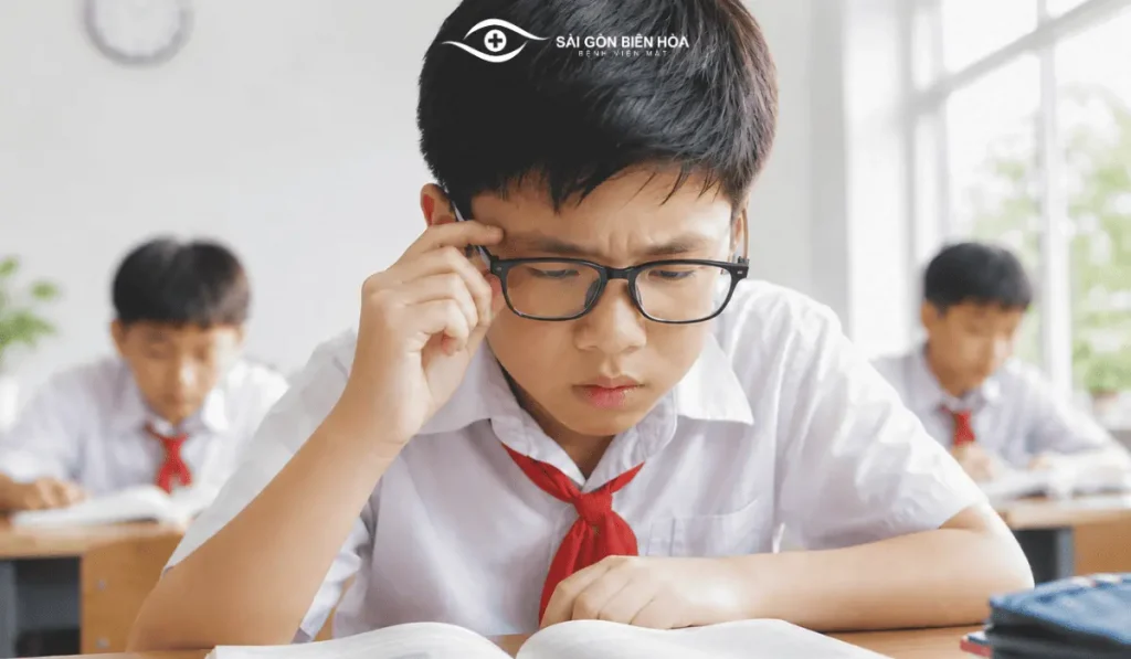 Học sinh thường xuyên nhìn gần, đọc sách sai tư thế hoặc ít hoạt động ngoài trời có nguy cơ mắc và tiến triển cận thị học đường.