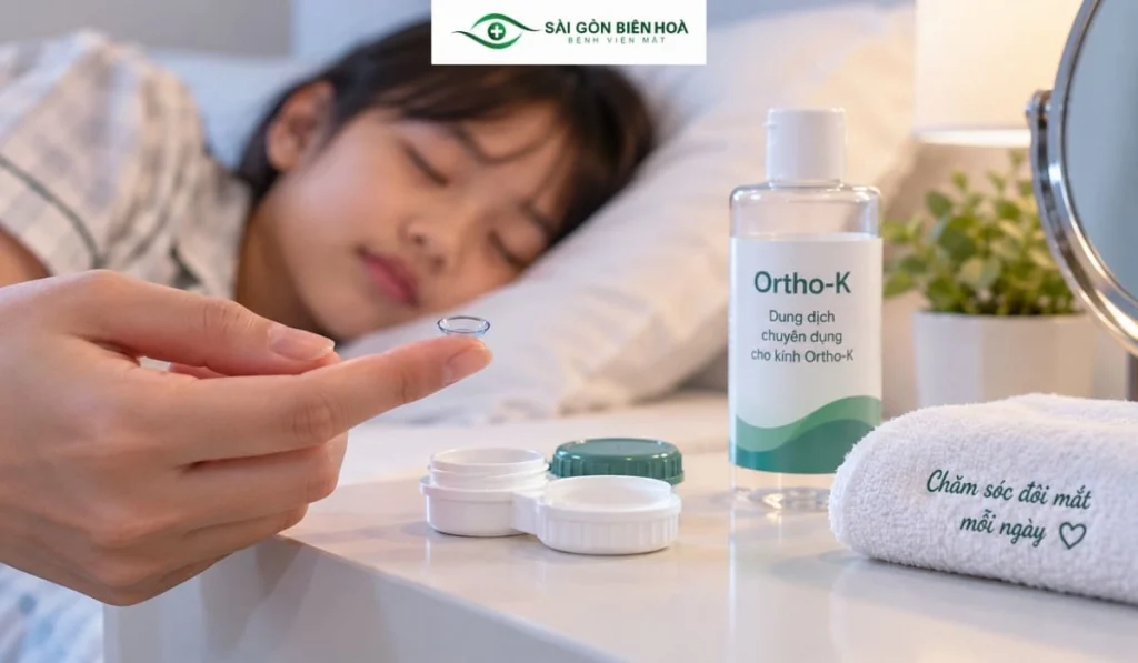 Kính Ortho-K được đeo chủ yếu khi ngủ, giúp duy trì hiệu quả điều chỉnh thị lực tạm thời vào ban ngày.