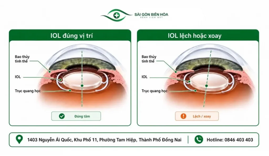 Minh họa so sánh thủy tinh thể nhân tạo IOL nằm đúng vị trí và IOL bị lệch khỏi trục quang học sau phẫu thuật Phaco