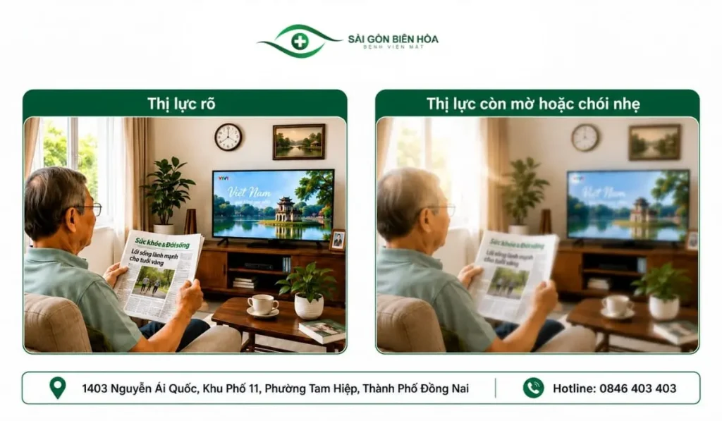 Mô phỏng thị lực còn mờ và chói nhẹ trong những ngày đầu sau mổ Phaco