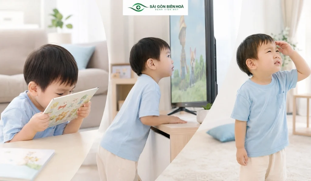 Một số hành vi như đưa vật sát mắt, tiến gần màn hình hoặc nheo mắt khi nhìn xa có thể là dấu hiệu trẻ nhỏ đang gặp vấn đề về thị lực.