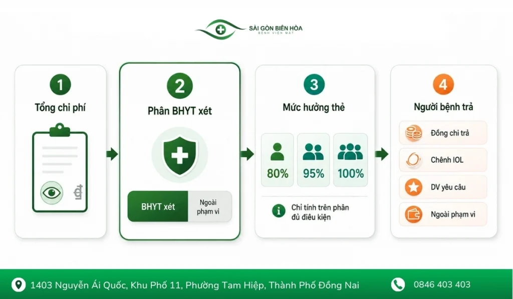 Mức hưởng trên thẻ chỉ áp dụng đối với phần chi phí thuộc phạm vi BHYT, không áp dụng trực tiếp cho toàn bộ giá gói mổ.