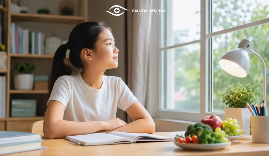 Nghỉ mắt hợp lý, tăng thời gian nhìn xa và duy trì thói quen thị giác tốt giúp hỗ trợ kiểm soát tiến triển cận thị.