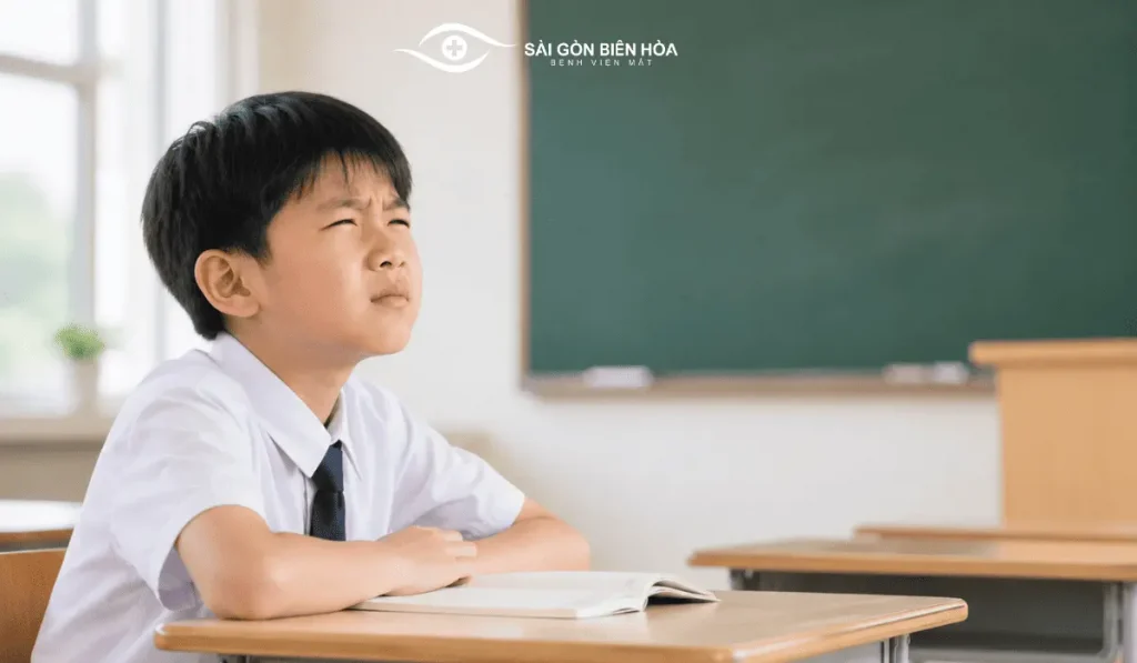 Nheo mắt nhìn bảng là dấu hiệu thường gặp của cận thị học đường.