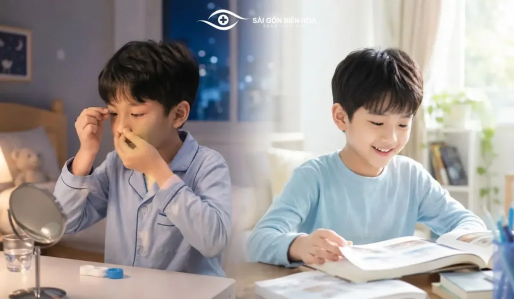 Ortho-K có thể giúp cải thiện thị lực ban ngày và hỗ trợ kiểm soát tiến triển cận ở trẻ phù hợp.