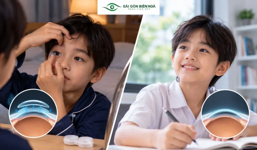 Ortho-K giúp điều chỉnh thị lực tạm thời vào ban ngày và hỗ trợ kiểm soát tiến triển cận thị ở trẻ em phù hợp.