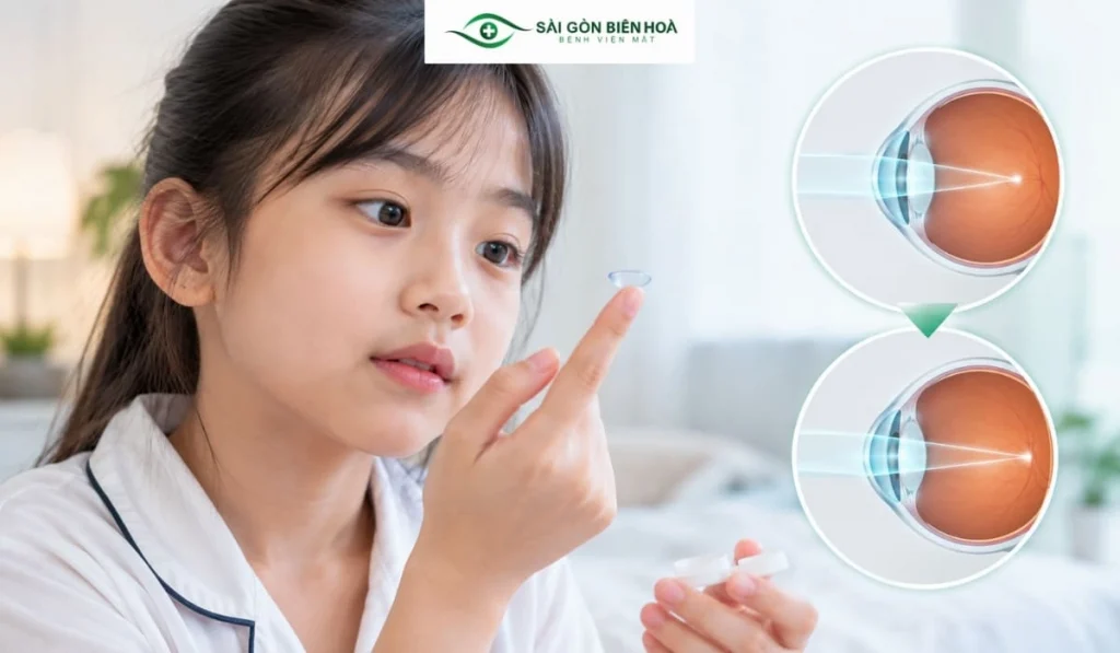 Ortho-K tạo ra sự thay đổi có kiểm soát trên bề mặt giác mạc, giúp ánh sáng hội tụ phù hợp hơn lên võng mạc trong thời gian kính còn tác dụng.