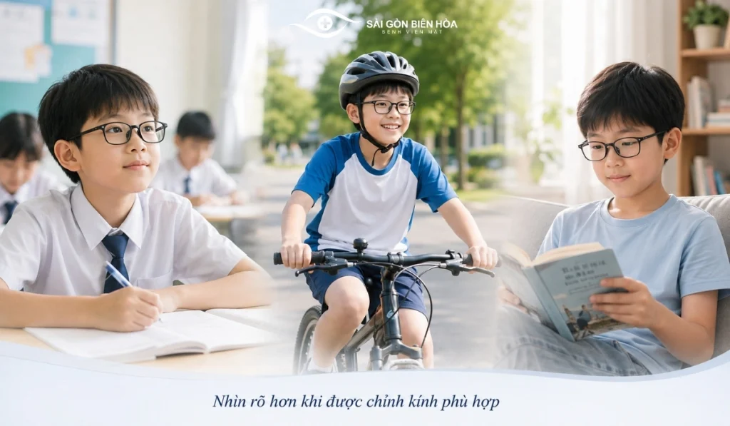 Trẻ cận nặng vẫn có thể học tập, đọc sách và vận động bình thường khi được chỉnh kính và theo dõi phù hợp.