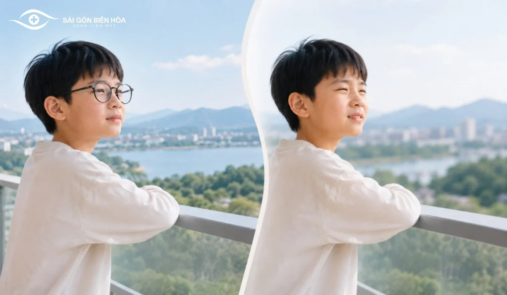 Trẻ nhìn mờ khi tháo kính là do độ cận vẫn còn, không có nghĩa là phụ thuộc kính.