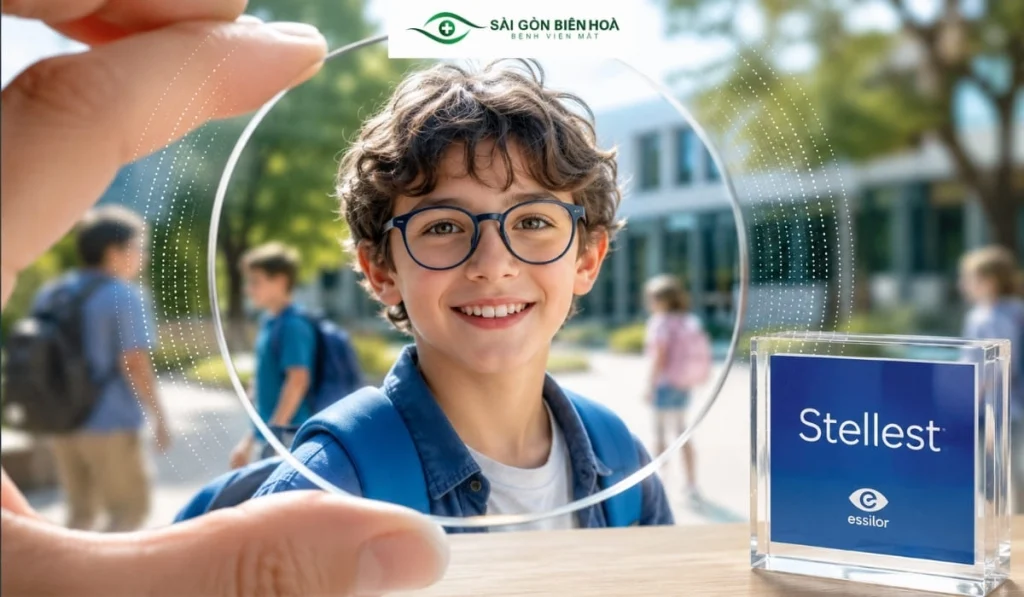 Essilor Stellest được thiết kế nhằm vừa điều chỉnh thị lực, vừa hỗ trợ làm chậm tiến triển cận thị ở trẻ