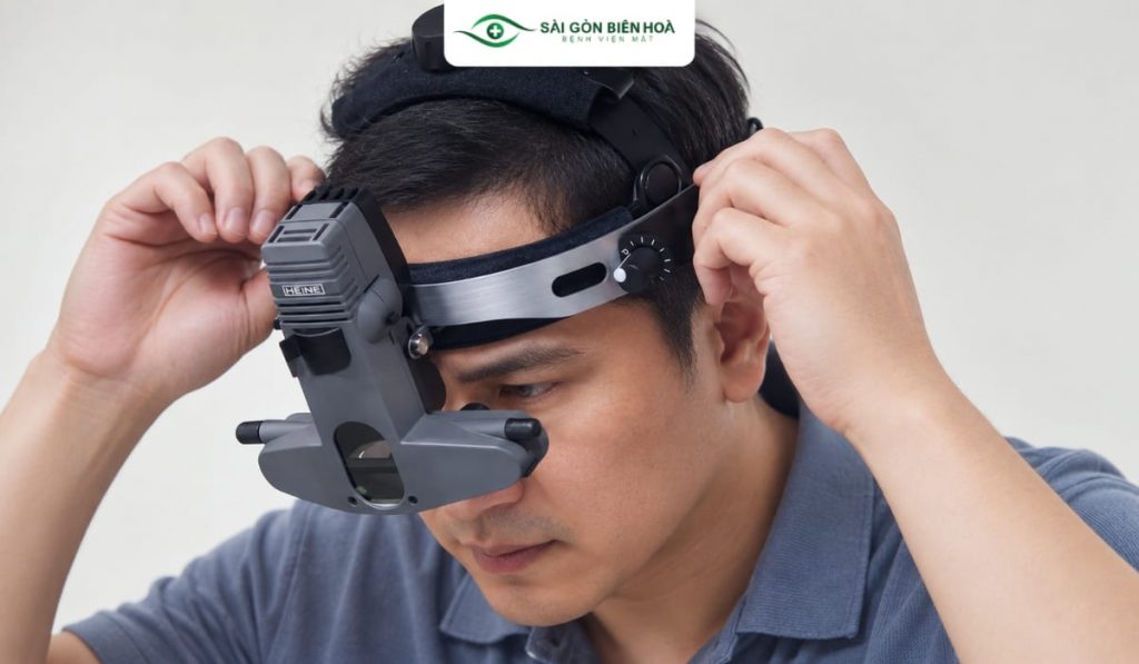 Bác sĩ khám soi đáy mắt gián tiếp với đèn đội đầu