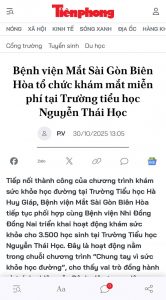 Báo Tiền Phong: Bệnh viện Mắt Sài Gòn Biên Hòa tổ chức khám mắt miễn phí tại Trường tiểu học Nguyễn Thái Học