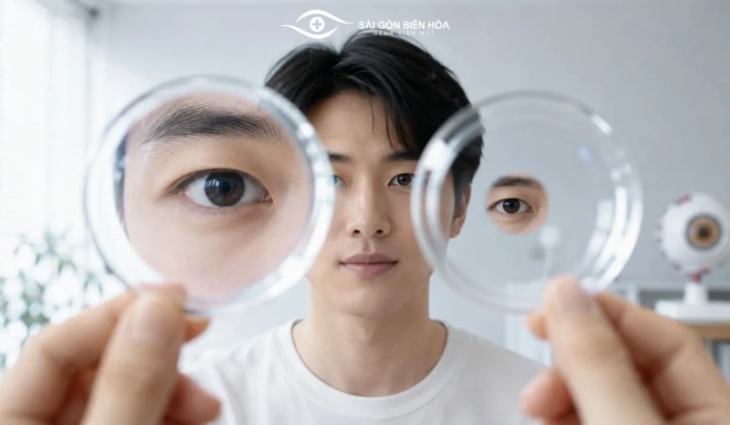 Hiệu ứng làm mắt trông nhỏ hơn thường rõ hơn khi độ cận cao và tròng kính có công suất lớn hơn.