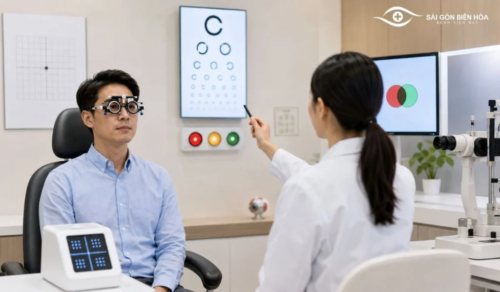 Khám sức khỏe lái xe hạng B không chỉ đánh giá độ cận mà còn kiểm tra thị lực, khả năng nhận biết màu sắc và một số chức năng thị giác khác.