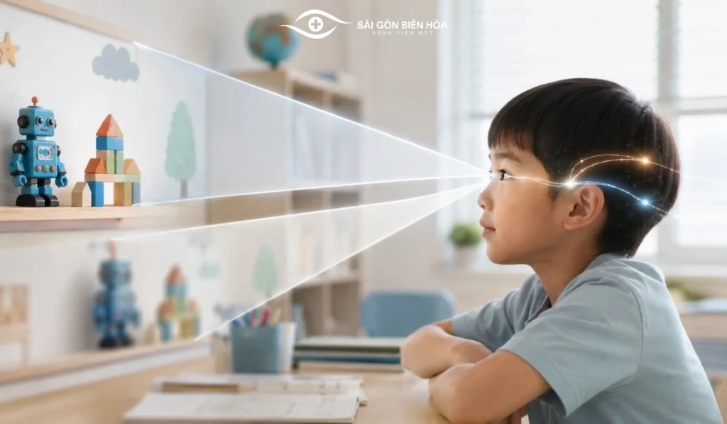 Khi hai mắt nhận hình ảnh không đồng đều trong giai đoạn thị giác phát triển, mắt nhìn kém cần được phát hiện và chỉnh thị lực phù hợp.