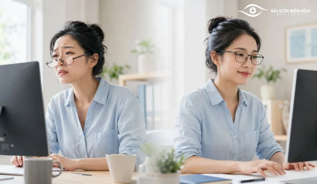 Kính không phù hợp hoặc đeo sai vị trí có thể làm người dùng phải nheo mắt, nhướng mày và dễ mỏi mắt hơn.